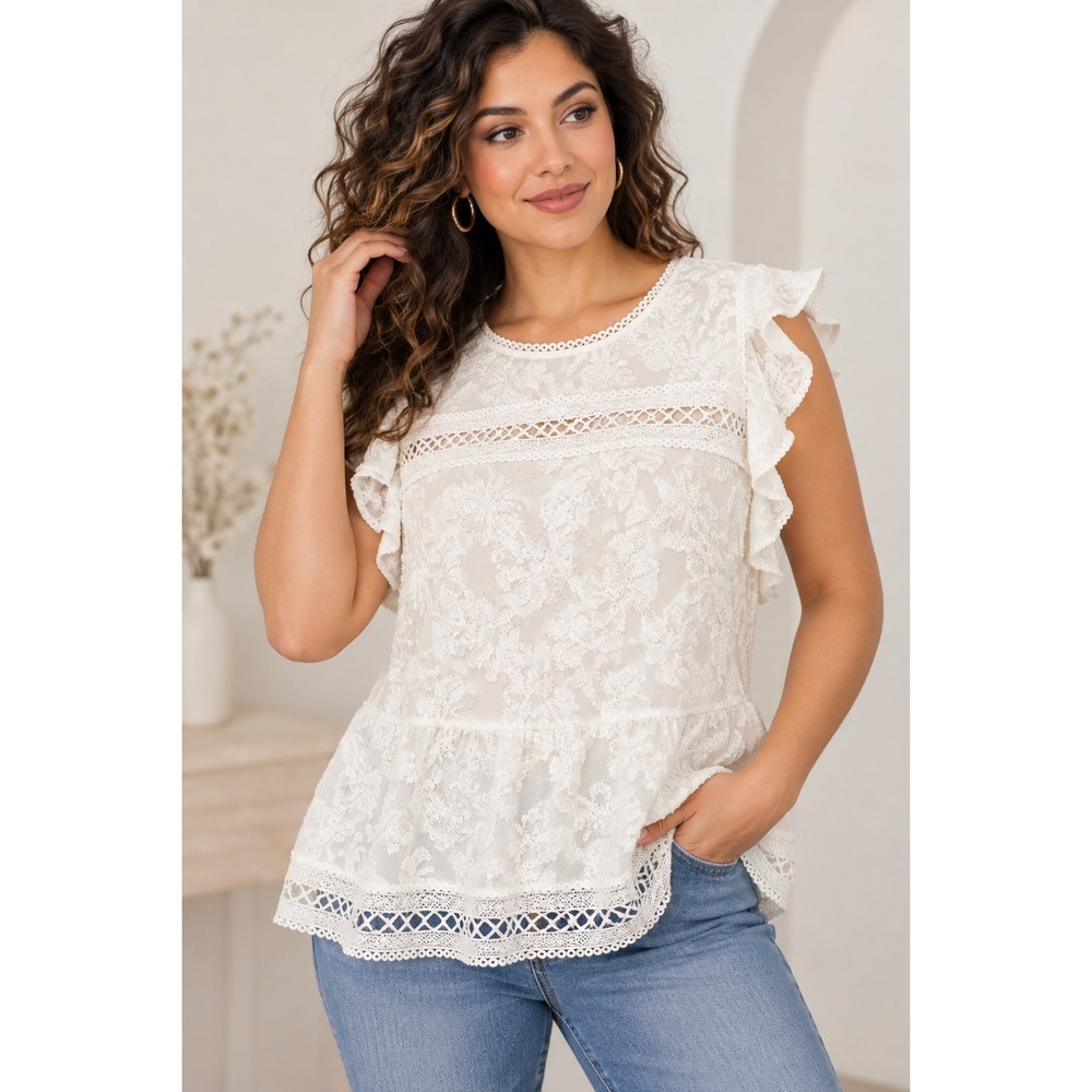Gibson Latimer White Floral Lace Ruffle Peplum Blouse Eyelet Boho Romantic L